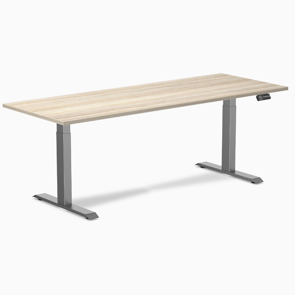 Desky Dual Laminate Sit Stand Desk, Classic Oak desktop, Space Gray frame