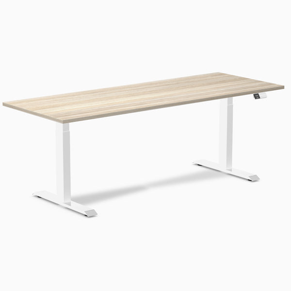Desky Dual Laminate Sit Stand Desk, Classic Oak desktop, White frame