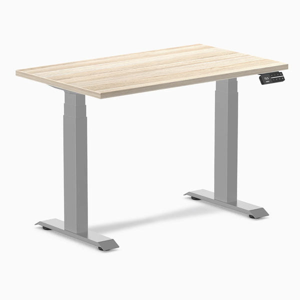 Desky Dual Mini Sit Stand Desk, Classic Oak desktop, Gray frame