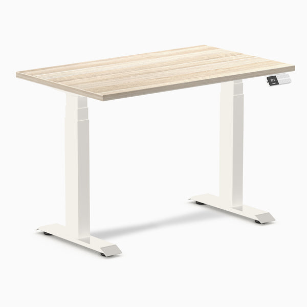 Desky Dual Mini Sit Stand Desk, Classic Oak desktop, White frame