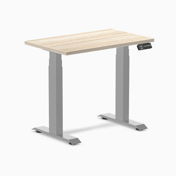 Desky Dual Mini Sit Stand Desk, Classic Oak desktop, Gray frame