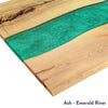 Ash hardwood desk with a vibrant emerald green resin river feature.