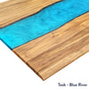 Teak hardwood desk with a vibrant blue resin river feature.