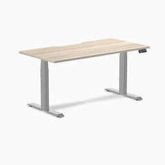 Desky Dual Scalloped Laminate Sit Stand Desk, Classic Oak desktop, Gray frame