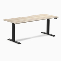 Desky Dual Scalloped Laminate Sit Stand Desk, Classic Oak desktop, Matte Black frame