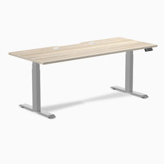 Desky Dual Scalloped Laminate Sit Stand Desk, Classic Oak desktop, Gray frame