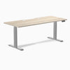 Desky Dual Scalloped Laminate Sit Stand Desk, Classic Oak desktop, Gray frame