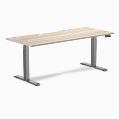 Desky Dual Scalloped Laminate Sit Stand Desk, Classic Oak desktop, Space Gray frame