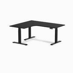 Desky L-Shape Curved Laminate Sit Stand Desk, Black desktop, Matte Black frame