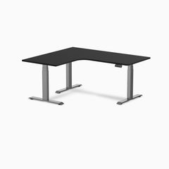 Desky L-Shape Curved Laminate Sit Stand Desk, Black desktop, Space Gray frame