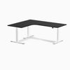Desky L-Shape Curved Laminate Sit Stand Desk, Black desktop, White frame