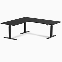 Desky L-Shape Curved Laminate Sit Stand Desk, Black desktop, Matte Black frame