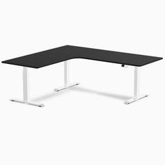 Desky L-Shape Curved Laminate Sit Stand Desk, Black desktop, White frame