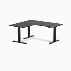 Desky L-Shape Curved Laminate Sit Stand Desk, Burnished Wood desktop, Matte Black frame