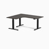 Desky L-Shape Curved Laminate Sit Stand Desk, Burnished Wood desktop, Matte Black frame