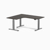 Desky L-Shape Curved Laminate Sit Stand Desk, Burnished Wood desktop, Space Gray frame