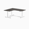 Desky L-Shape Curved Laminate Sit Stand Desk, Burnished Wood desktop, White frame