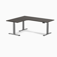 Desky L-Shape Curved Laminate Sit Stand Desk, Burnished Wood desktop, Space Gray frame