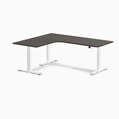 Desky L-Shape Curved Laminate Sit Stand Desk, Burnished Wood desktop, White frame