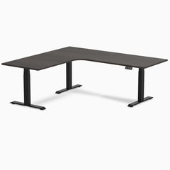Desky L-Shape Curved Laminate Sit Stand Desk, Burnished Wood desktop, Matte Black frame