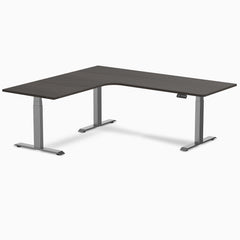 Desky L-Shape Curved Laminate Sit Stand Desk, Burnished Wood desktop, Space Gray frame
