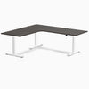 Desky L-Shape Curved Laminate Sit Stand Desk, Burnished Wood desktop, White frame