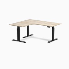 Desky L-Shape Curved Laminate Sit Stand Desk, Classic Oak desktop, Matte Black frame