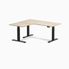 Desky L-Shape Curved Laminate Sit Stand Desk, Classic Oak desktop, Matte Black frame