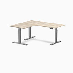 Desky L-Shape Curved Laminate Sit Stand Desk, Classic Oak desktop, Space Gray frame