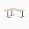 Desky L-Shape Curved Laminate Sit Stand Desk, Classic Oak desktop, Space Gray frame