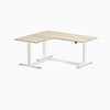 Desky L-Shape Curved Laminate Sit Stand Desk, Classic Oak desktop, White frame