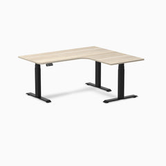 Desky L-Shape Curved Laminate Sit Stand Desk, Classic Oak desktop, Matte Black frame