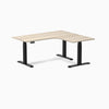 Desky L-Shape Curved Laminate Sit Stand Desk, Classic Oak desktop, Matte Black frame