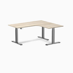 Desky L-Shape Curved Laminate Sit Stand Desk, Classic Oak desktop, Space Gray frame
