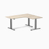 Desky L-Shape Curved Laminate Sit Stand Desk, Classic Oak desktop, Space Gray frame