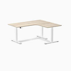 Desky L-Shape Curved Laminate Sit Stand Desk, Classic Oak desktop, White frame
