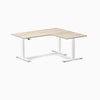 Desky L-Shape Curved Laminate Sit Stand Desk, Classic Oak desktop, White frame