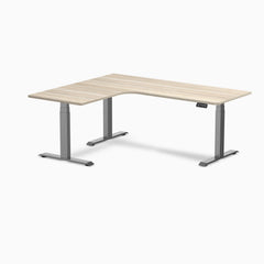 Desky L-Shape Curved Laminate Sit Stand Desk, Classic Oak desktop, Space Gray frame