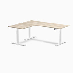 Desky L-Shape Curved Laminate Sit Stand Desk, Classic Oak desktop, White frame