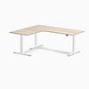 Desky L-Shape Curved Laminate Sit Stand Desk, Classic Oak desktop, White frame