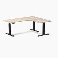 Desky L-Shape Curved Laminate Sit Stand Desk, Classic Oak desktop, Matte Black frame
