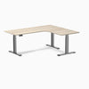 Desky L-Shape Curved Laminate Sit Stand Desk, Classic Oak desktop, Space Gray frame