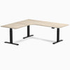 Desky L-Shape Curved Laminate Sit Stand Desk, Classic Oak desktop, Matte Black frame
