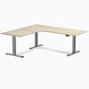 Desky L-Shape Curved Laminate Sit Stand Desk, Classic Oak desktop, Space Gray frame