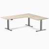 Desky L-Shape Curved Laminate Sit Stand Desk, Classic Oak desktop, Space Gray frame