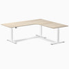 Desky L-Shape Curved Laminate Sit Stand Desk, Classic Oak desktop, White frame