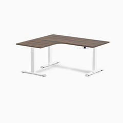 Desky L-Shape Curved Laminate Sit Stand Desk, Jarrah Legno desktop, White frame