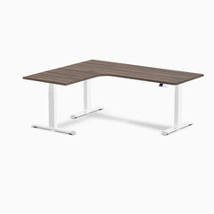 Desky L-Shape Curved Laminate Sit Stand Desk, Jarrah Legno desktop, White frame