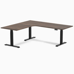 Desky L-Shape Curved Laminate Sit Stand Desk, Jarrah Legno desktop, Matte Black frame