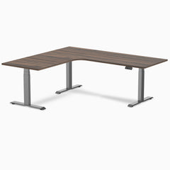 Desky L-Shape Curved Laminate Sit Stand Desk, Jarrah Legno desktop, Space Gray frame